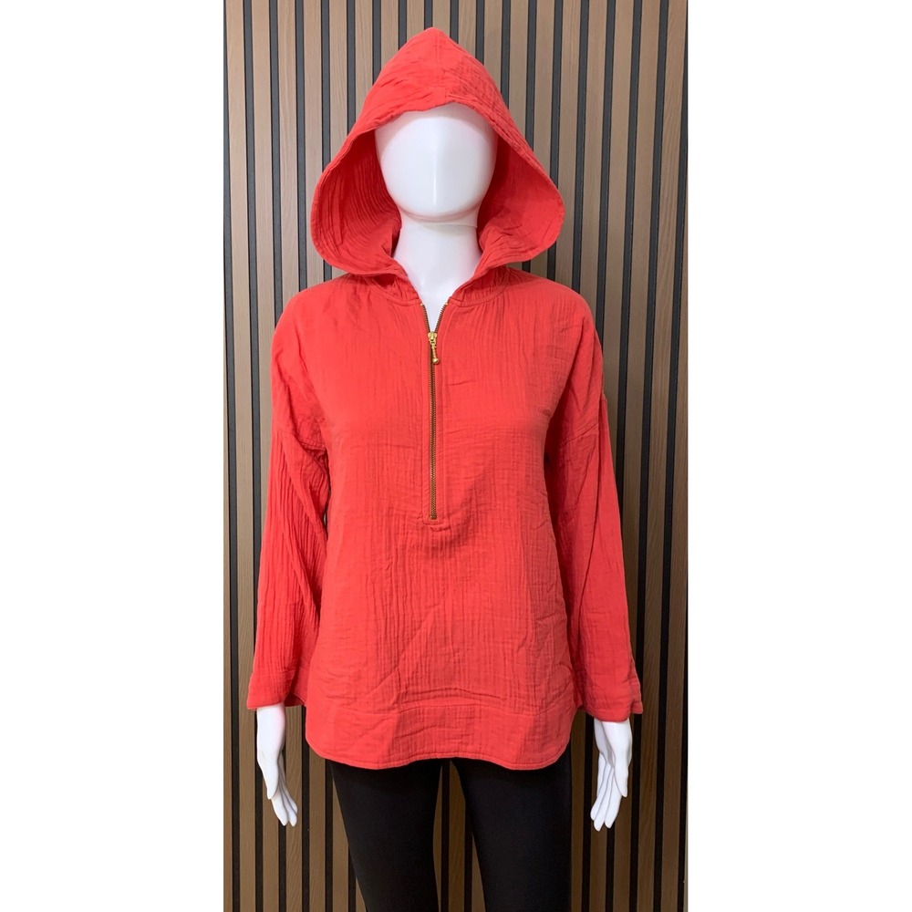 Soft Surroundings Coral Pink 100% Cotton Gauze Quarter Zip Hoodie Lagenlook